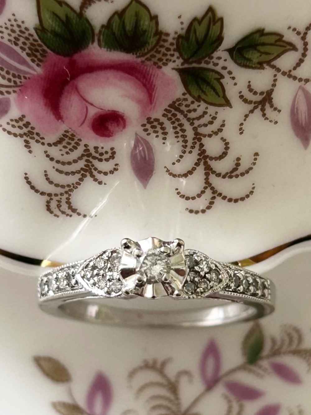 10k Diamond White Gold Ring Art Deco Size 6.5